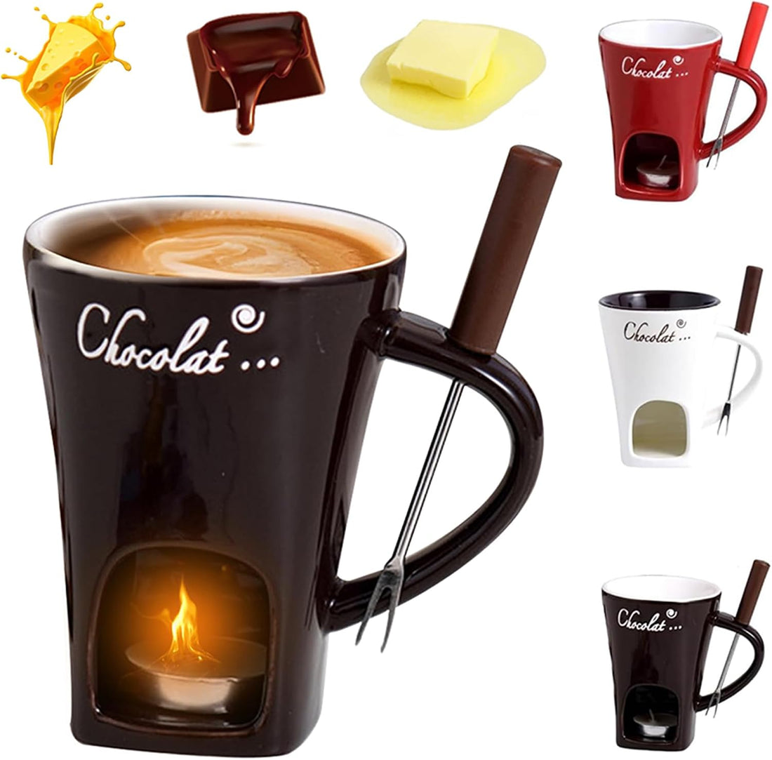 Chocolate Fondue Mug Set with Fork – Ceramic Melting Cup for Chocolate, Cheese, Butter – Romantic Gift for Date Night, Birthday, Wedding (Coffee)