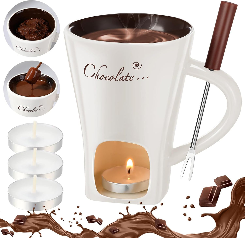 1 Set Chocolate Fondue Mug with Fork ＆ Candle, White