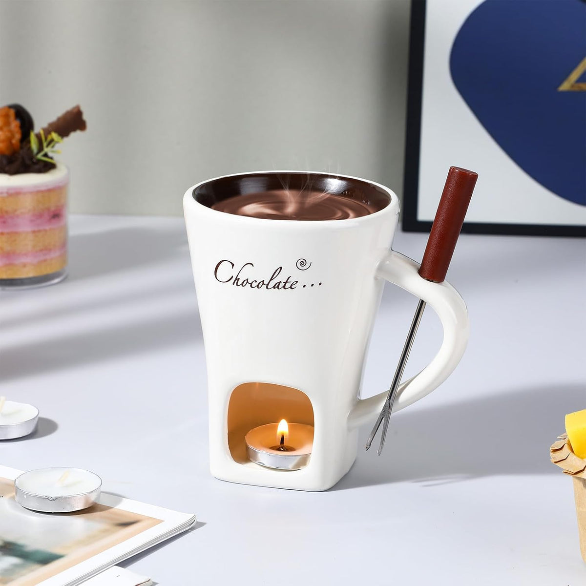 1 Set Chocolate Fondue Mug with Fork ＆ Candle, White